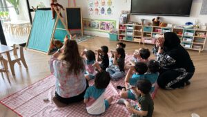Colorful classroom setup with various preschool activities designed to enhance motor and language skills