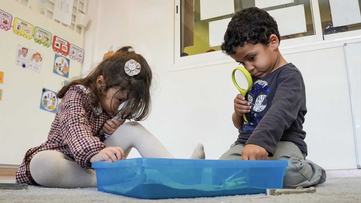 Collaborative learning setup in a modern classroom.