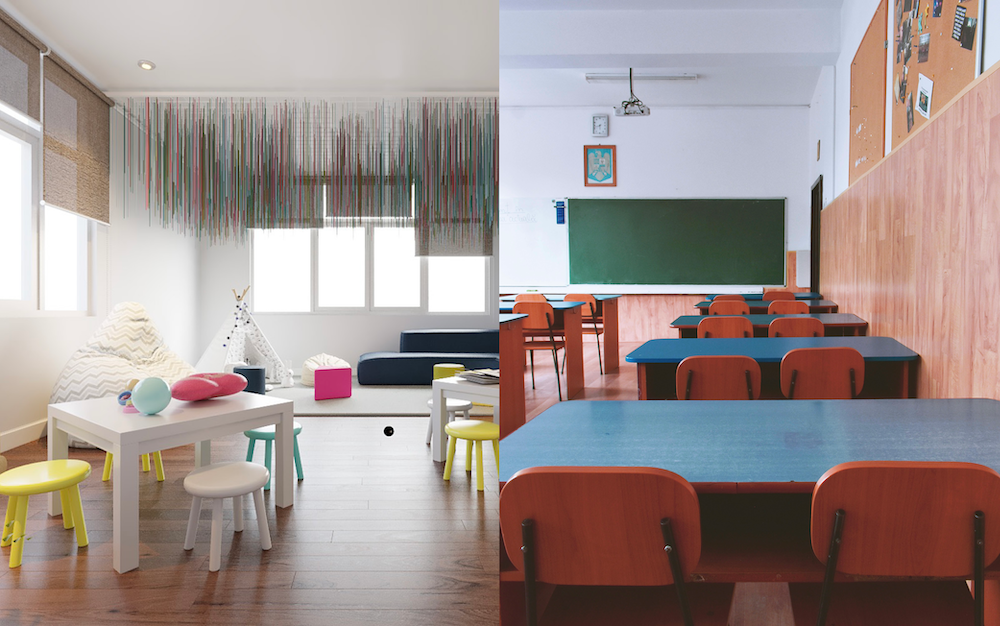 Traditional Classroom and Modern Learning Environment comparison.